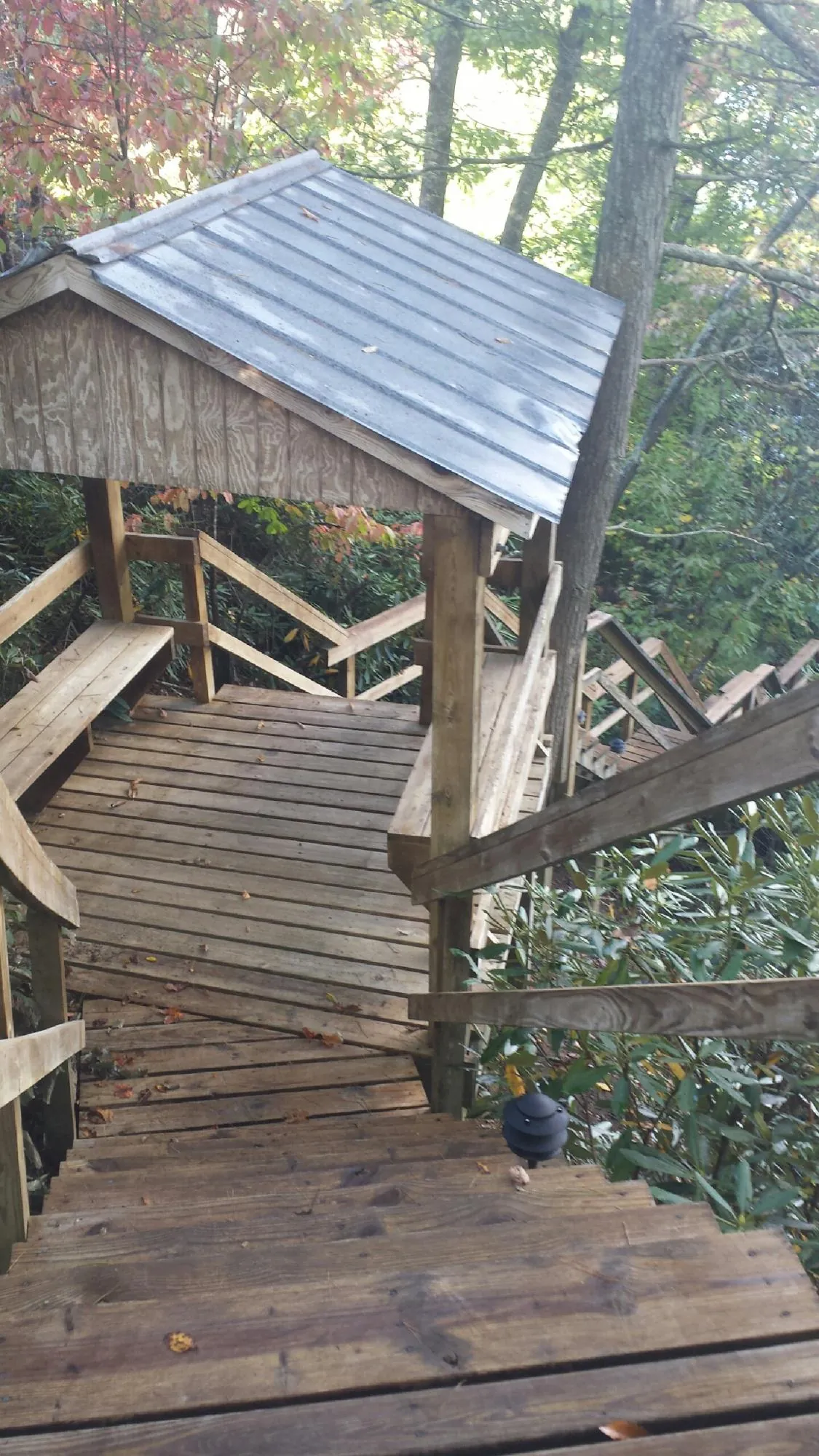 Metal roofed shelter over wooden steps on a wooded walkway — Skylight Repair & Installation work by our crew in Alkol